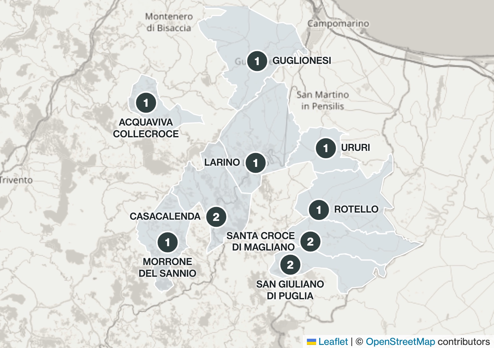 Mappa del basso Molise con i paesi dei Farmers